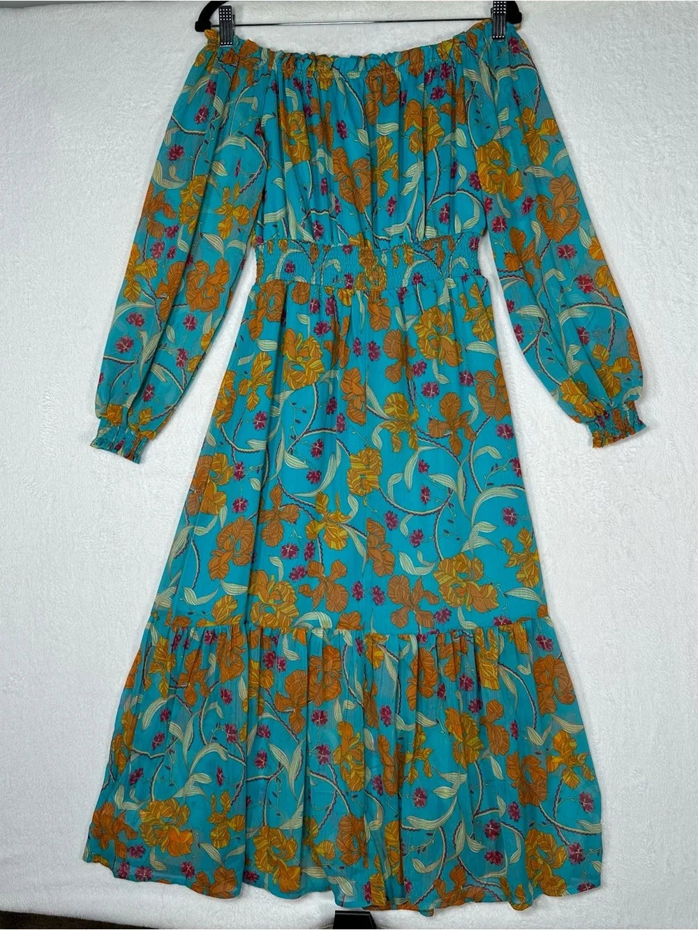 SOFIA JEANS‎ Sofia Vergara XS Off The Shoulder Midi Dress Teal Floral Boho Chic